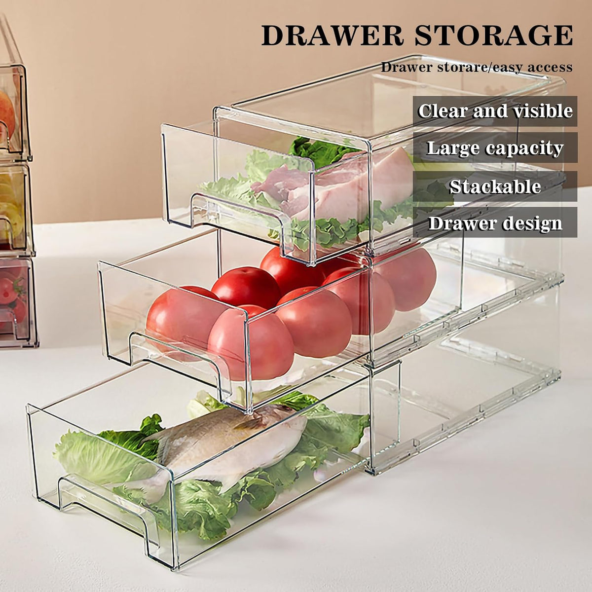 MANO 2Pack Clear Fridge Drawers Pull Out Stackable Refrigerator Drawer Organi...