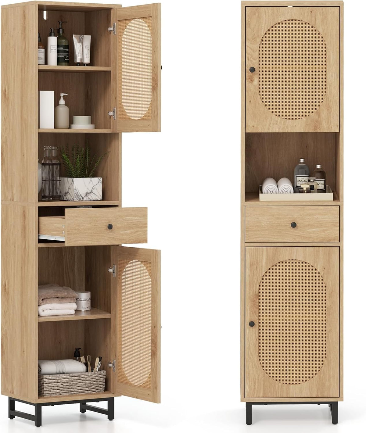 GIANTEX 67" Tall Bathroom Cabinet, PE Rattan Storage Cabinet with 2 Door...