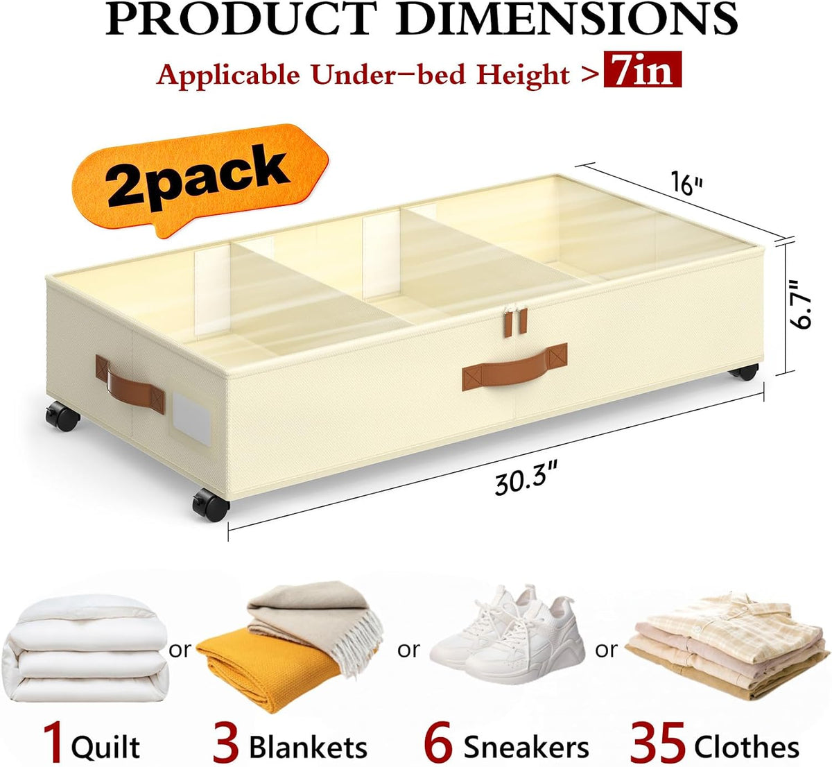 Yecaye Under Bed Storage with Wheels, 2 Pack Under Bed Storage Containers wit...
