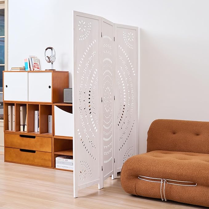 66.9Inch Folding Room Divider, 3 Panels Wood Carved Privacy Screens, Free - Image 3