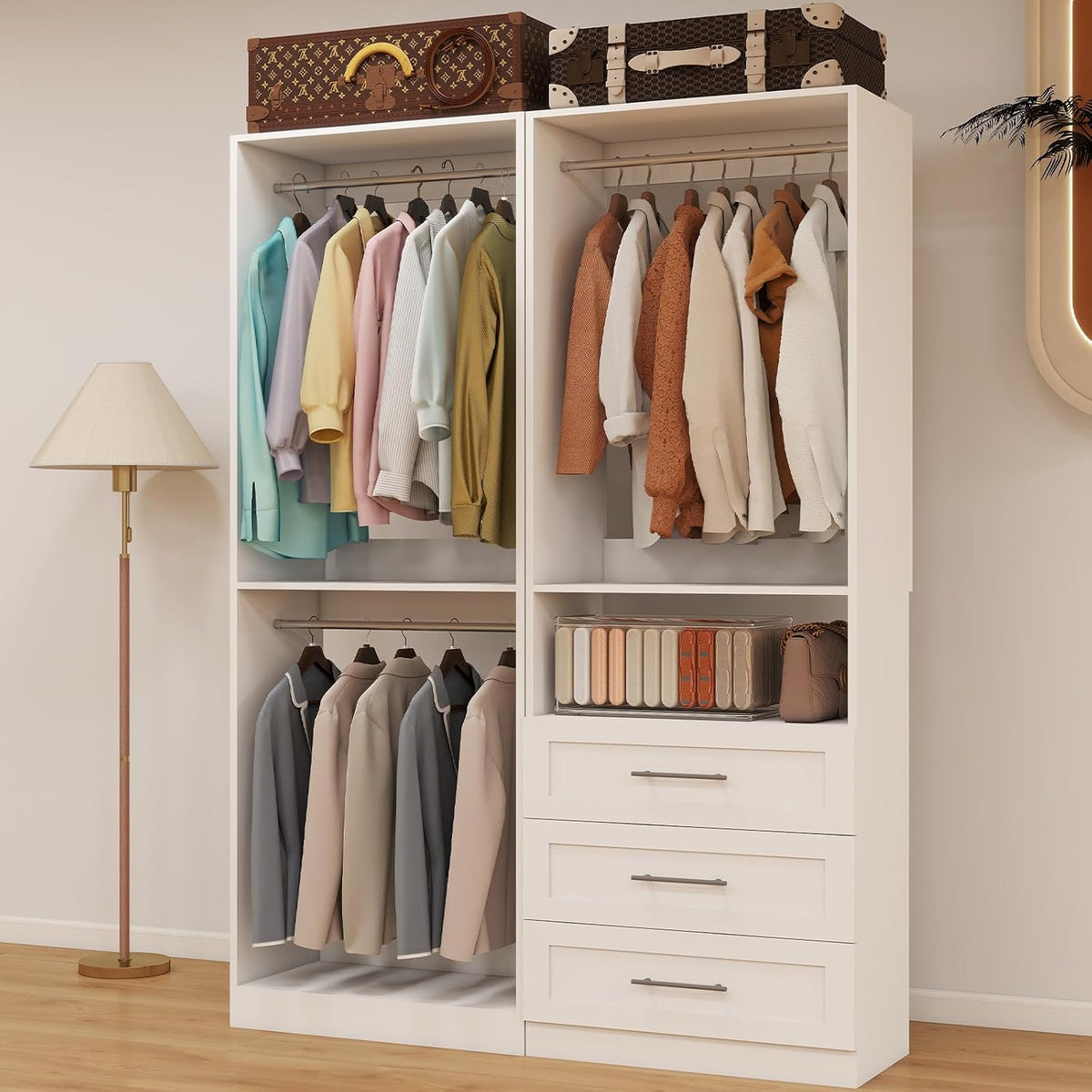 Closet System with 3 Drawers, 4FT-10FT Closet Organizer Systems with 5 Hangin...