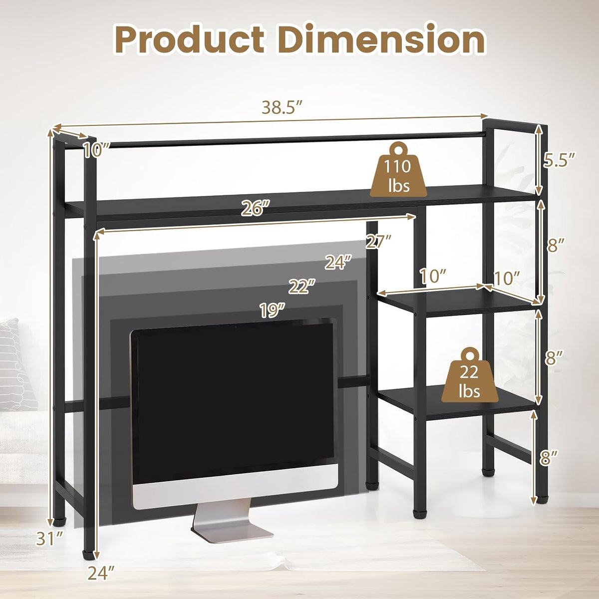 Tangkula 4-Tier Desktop Bookshelf, 38.5" Dorm Desk Hutch, Black