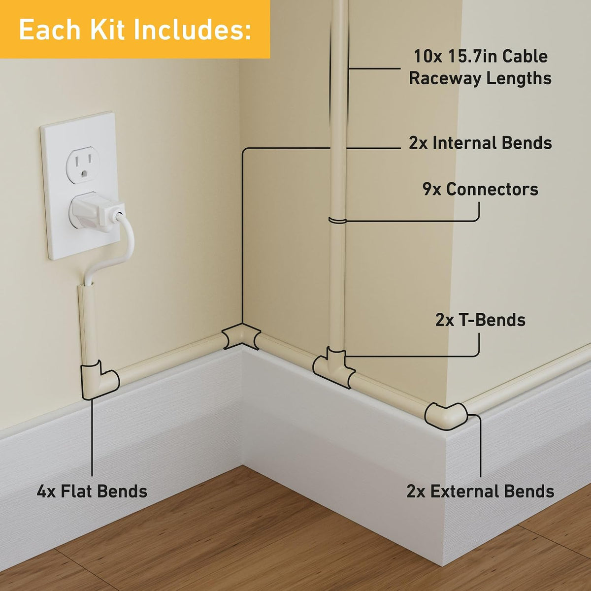 D-Line 157in Cord Cover Kit, Self-Adhesive Wire Hiders, Paintable Cable Racew...