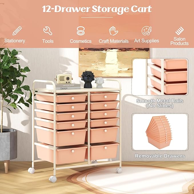 Happygrill 12-Drawer Rolling Storage Cart, 2 Sizes Plastic Drawers & Metal Shelf - Image 3