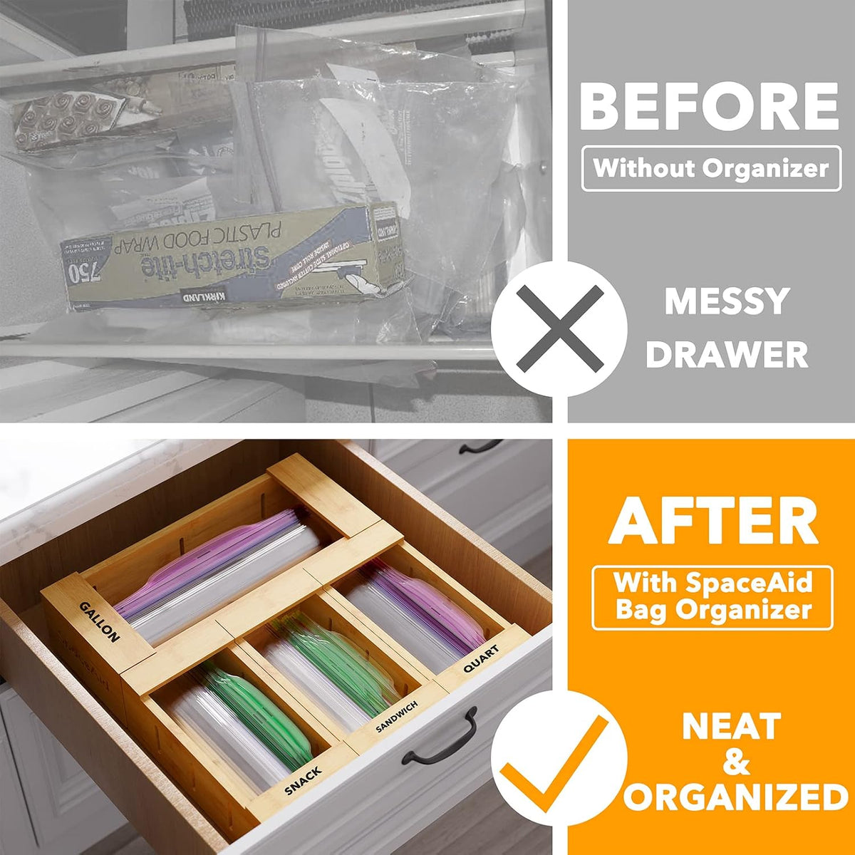SpaceAid Bag Storage Organizer for Kitchen Drawer, Bamboo Organizer, Compatib...