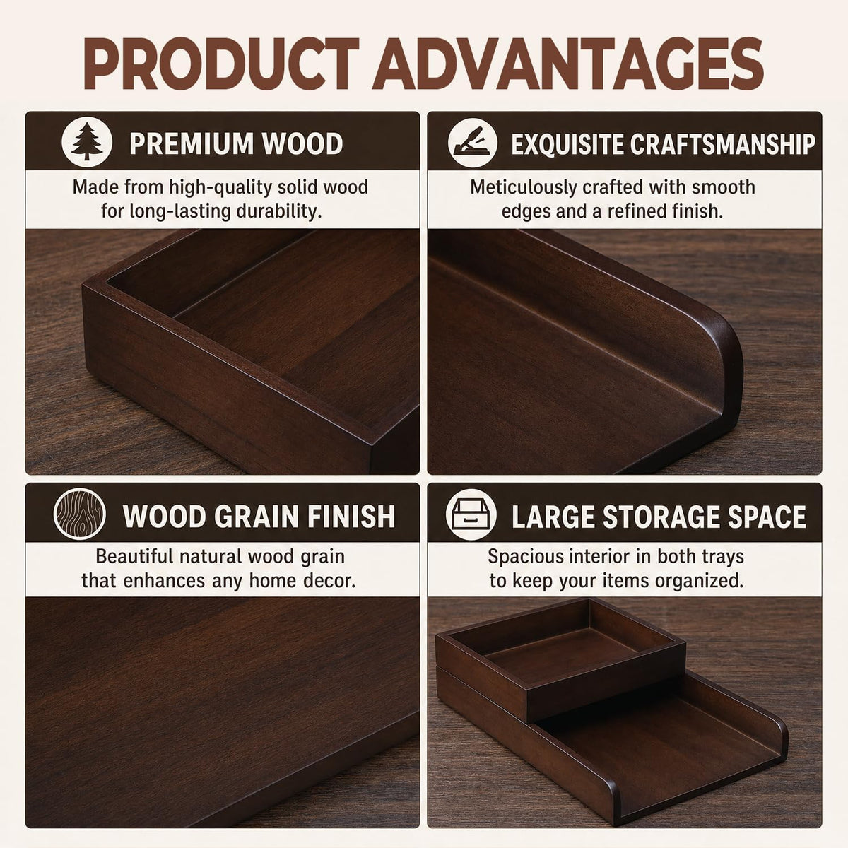 Wood 2-Tier Letter Tray, Stackable Detachable Paper Tray Desk Organizer