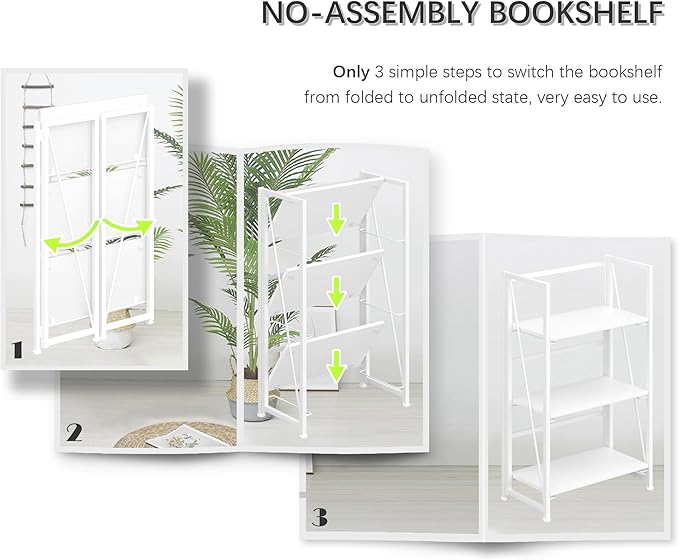 4NM No Assembly Folding Bookshelf Storage Shelves 3 Tiers Vintage Bookcase - Image 6