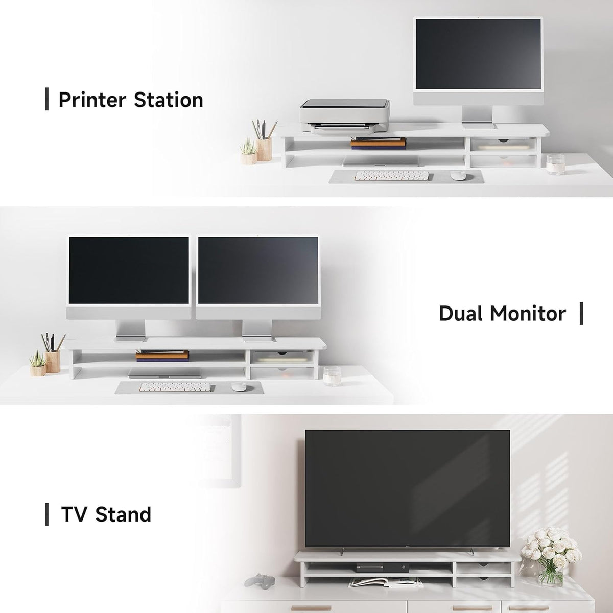 Fenge Monitor Stand, Desk Computer Riser with Frosted Storage Drawer, White