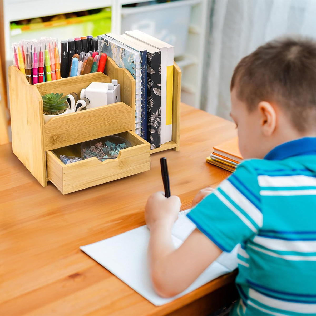 ZAVOOS Bamboo Desk Organizer with Drawer Pen Holder, 5 Compartments