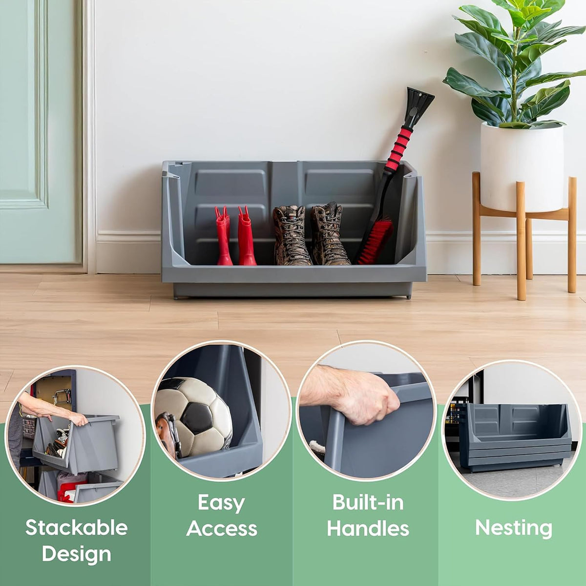 iris usa open front storage bins, heavy duty, close-up detail