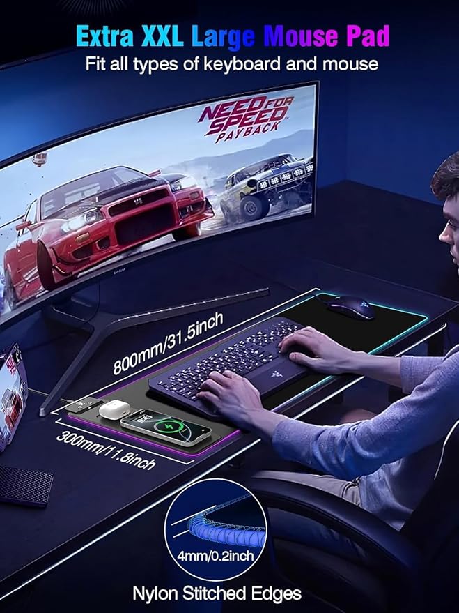 Mouse Pad with Magnetic Wireless Charging, Large Desk Pad Protector, RGB Black - Image 5
