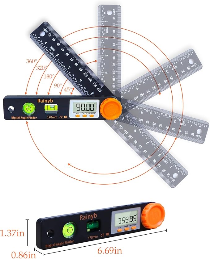 Rainyb Digital Angle Finder Tool 5 inch Pocket Protractor 0-360 degree LED - Image 3
