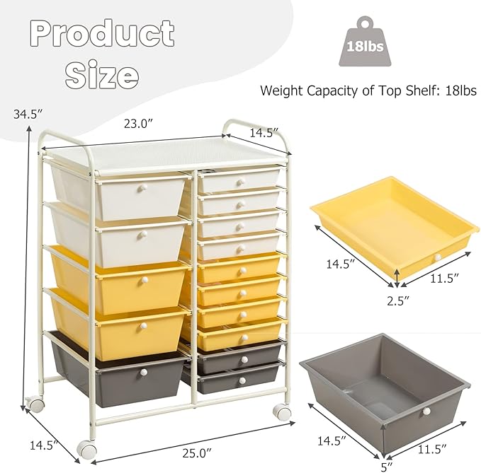COSTWAY 15 Drawer Rolling Storage Cart, Utility Tools Paper Organizer on Wheels - Image 3