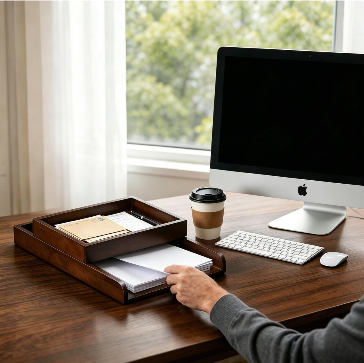 Wood 2-Tier Letter Tray, Stackable Detachable Paper Tray Desk Organizer