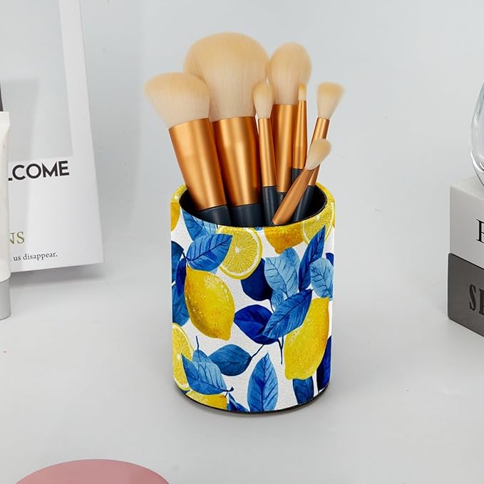 Leather Pen Holder for Desk Lemons Blue Leaves Pattern Pencil Cup Desktop - Image 6