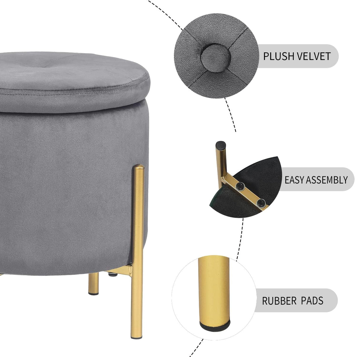 Adeco Upholstered Tufted Round Storage Ottomans, Grey Modern Velvet Footrest ...