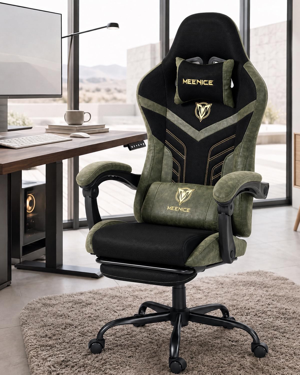 Ergonomic Gaming Chair with Footrest for Adults, Leather Mesh