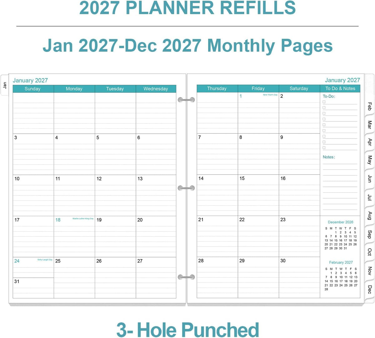 2027 Planner Refill - One Page Per Day, 3-Hole Daily ＆ Monthly Planner Refill...