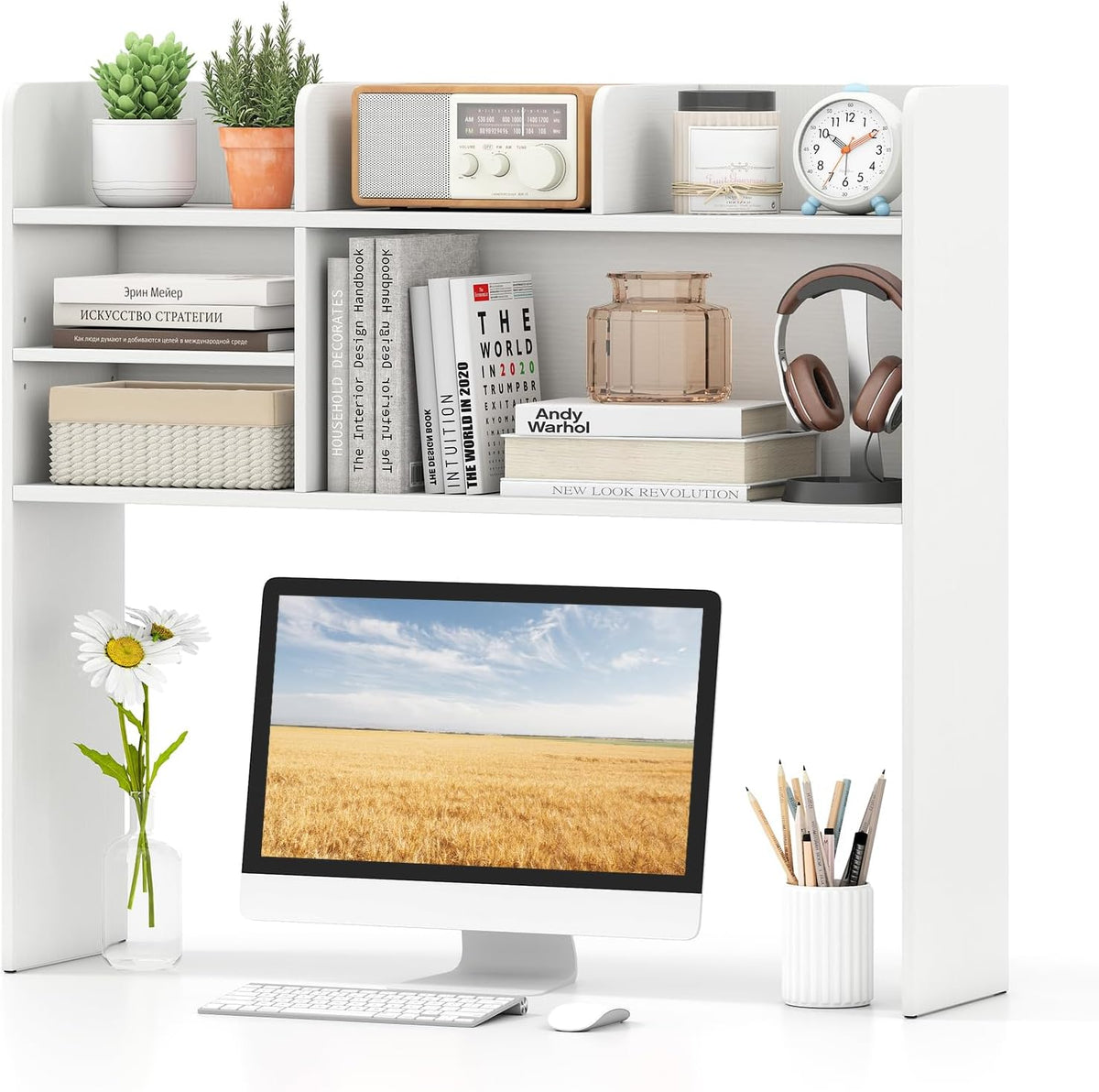 Tangkula Desktop Bookshelf for Computer Up to 32”, 37” Countertop Storage Hutch