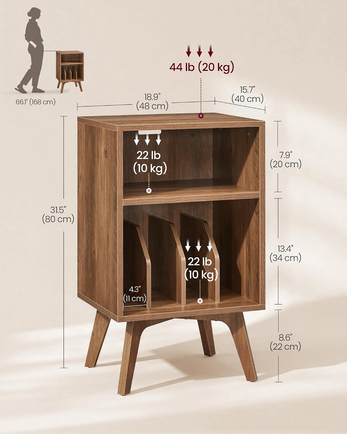 VASAGLE End Table, Mid-Century Record Player Stand, Holds 160 Albums