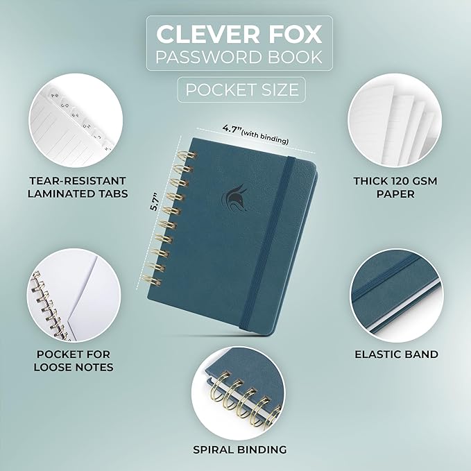 Clever Fox Password Book Spiral – Mini Internet Address & Password Organizer - Image 2