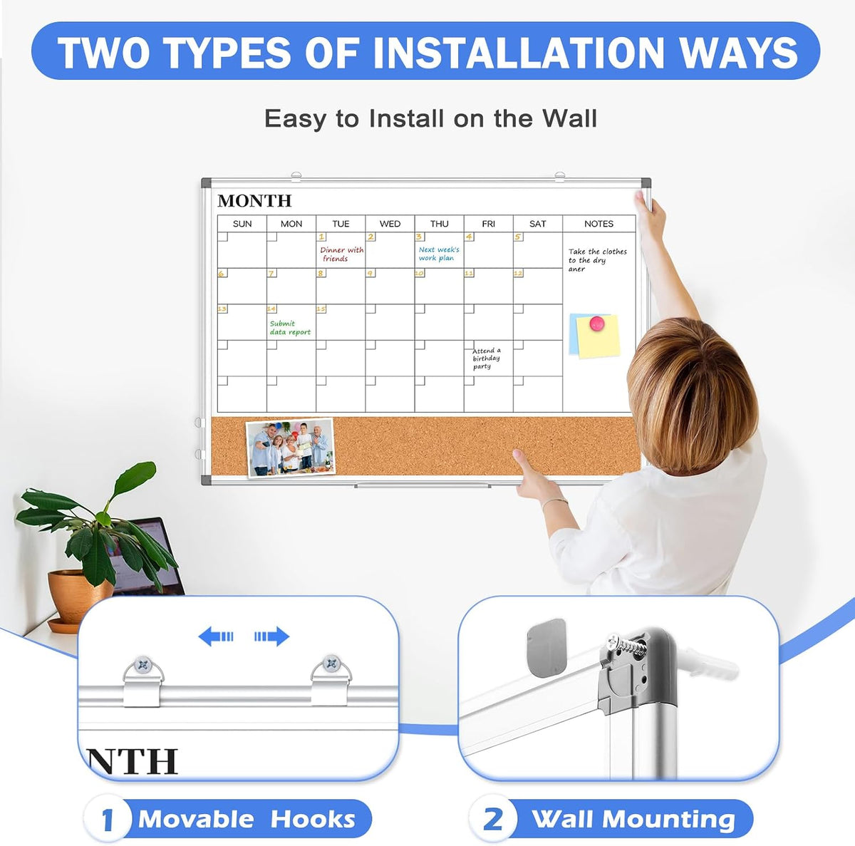 Dry Erase Calendar Whiteboard for Wall, 24" x 18" Monthly Cork Whit...