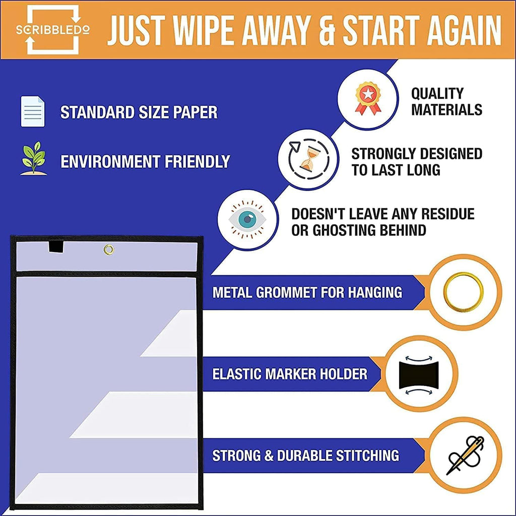SCRIBBLEDO Dry Erase Pocket Sleeves, Job Ticket Holders with Rings 50 Pc | Oversized Reusable Heavy Duty, 10x14” Budget Friendly Bulk Sheet Protectors, Durable PET Vinyl, Easy to Clean No Residuals
