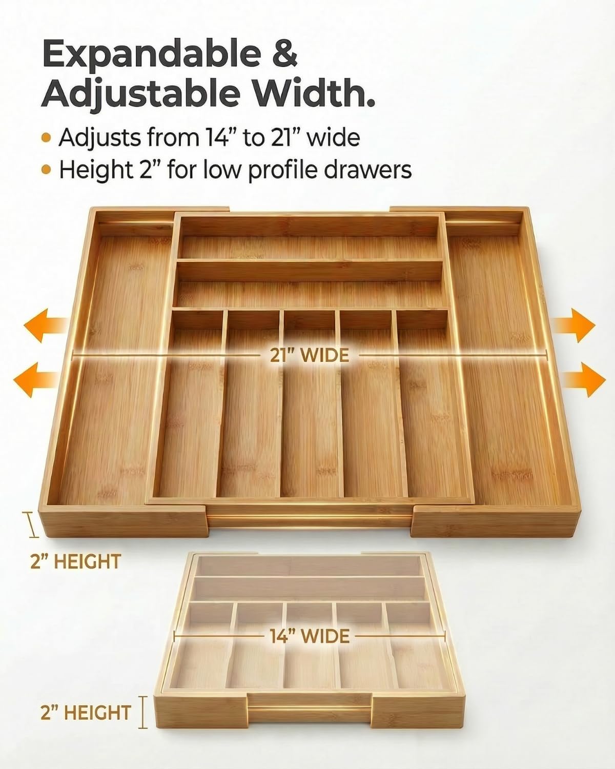 Expandable Bamboo Silverware Drawer Organizer – Adjustable 21" Wide Wood...