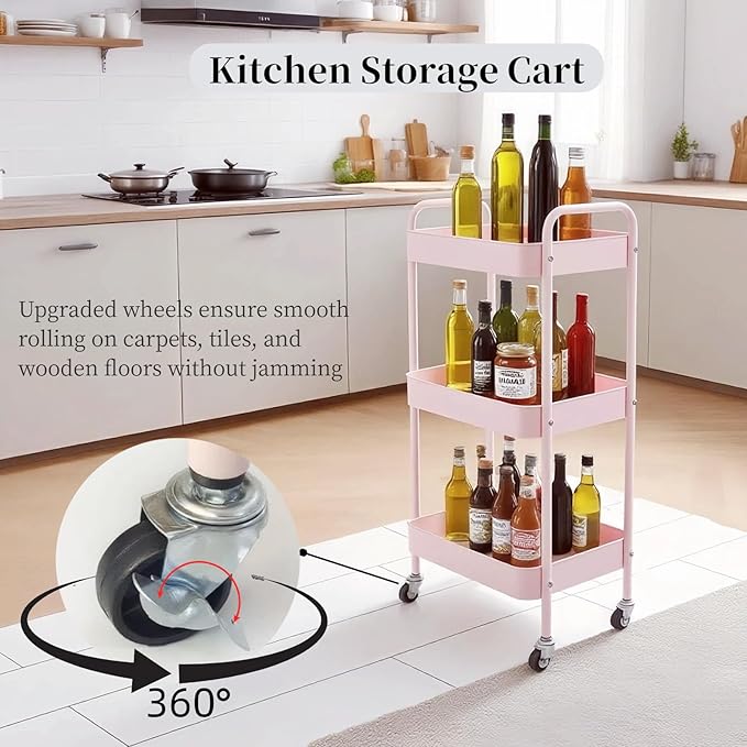 LIWNYRK 3 Tier Pink Rolling Cart - Image 4