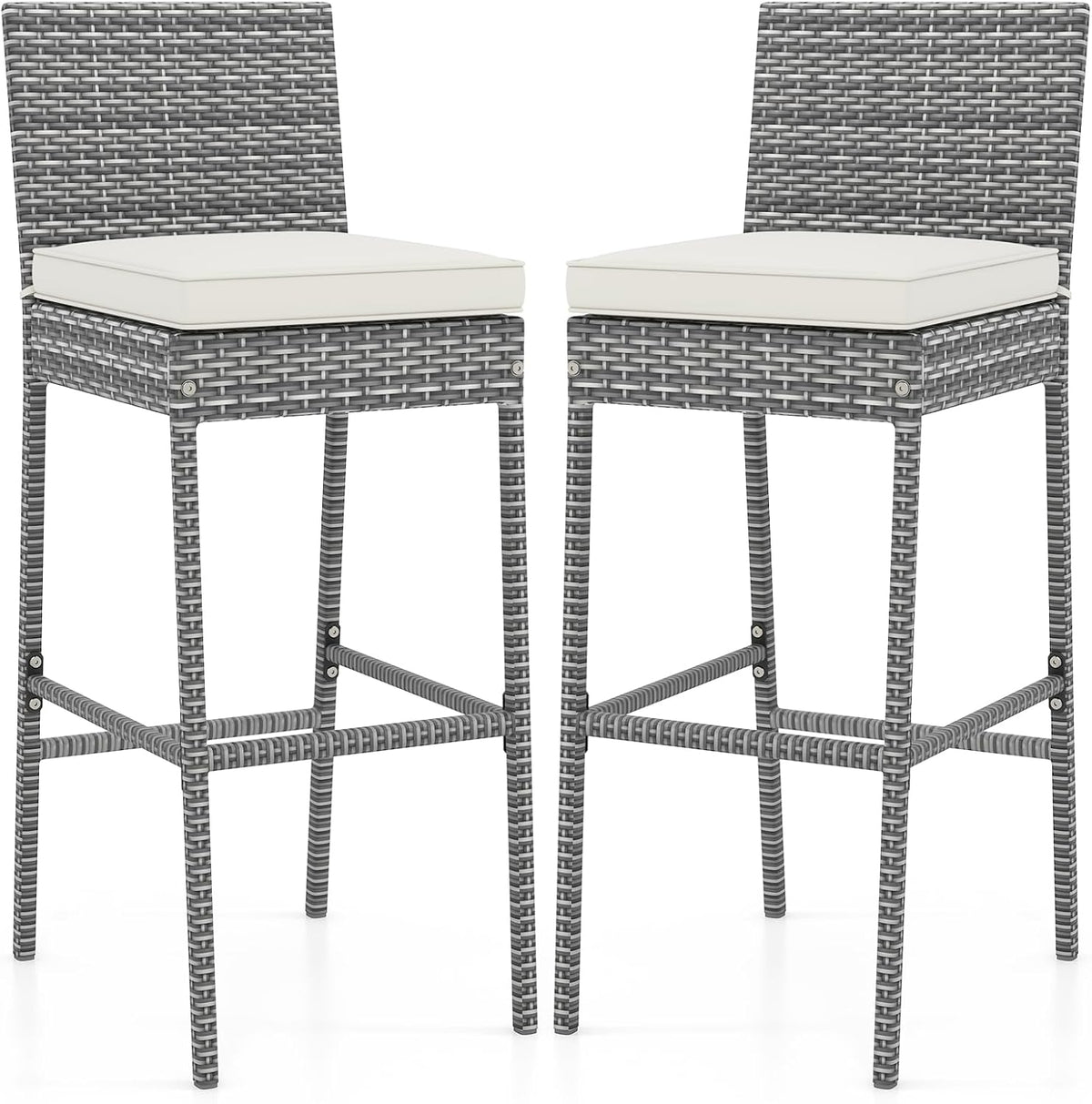 Tangkula Set of 2 Patio Wicker Barstools, Outdoor Bar Height Chair w/Soft Sea...