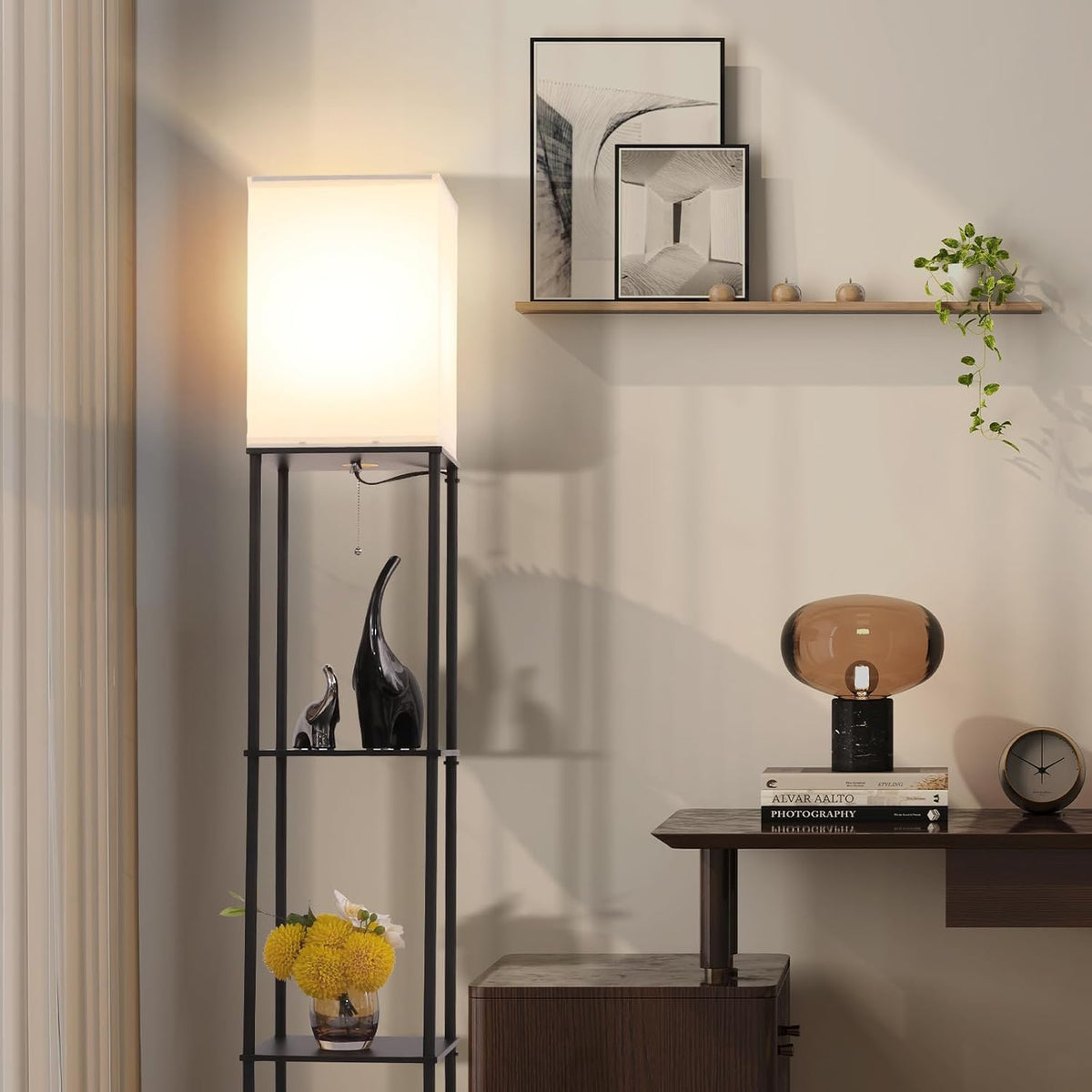 Gupuzm Floor Lamp with Shelves, Modern Square Standing Lamp with 3 Color Temp...
