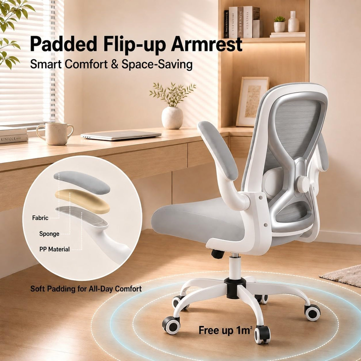 ergonomic home office chair, 4-way lumbar, thick cushion showing dimensions