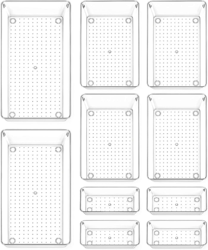 10 Pack Large Clear Drawer Organizer Trays, 3 Sizes, Non-Slip