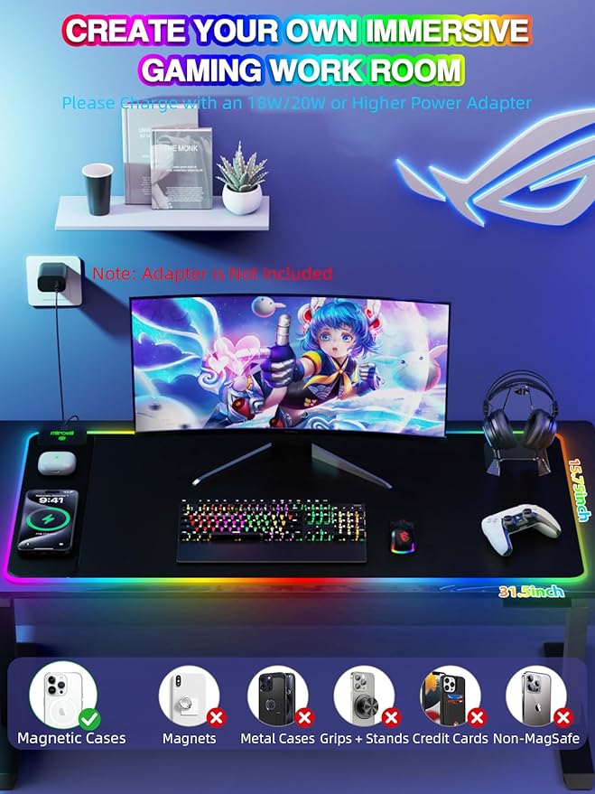 Mouse Pad with 15W Magnetic Wireless Charging 31.5x15.75 Inch, RGB Mousepad - Image 3