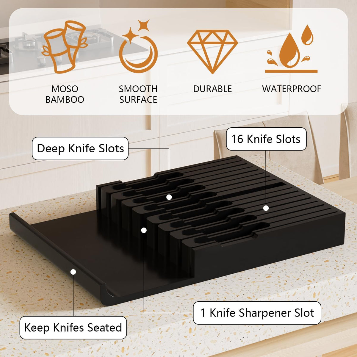 Domax Bamboo In-drawer Knife Block - Kitchen Knife Drawer Organizer Insert, K...