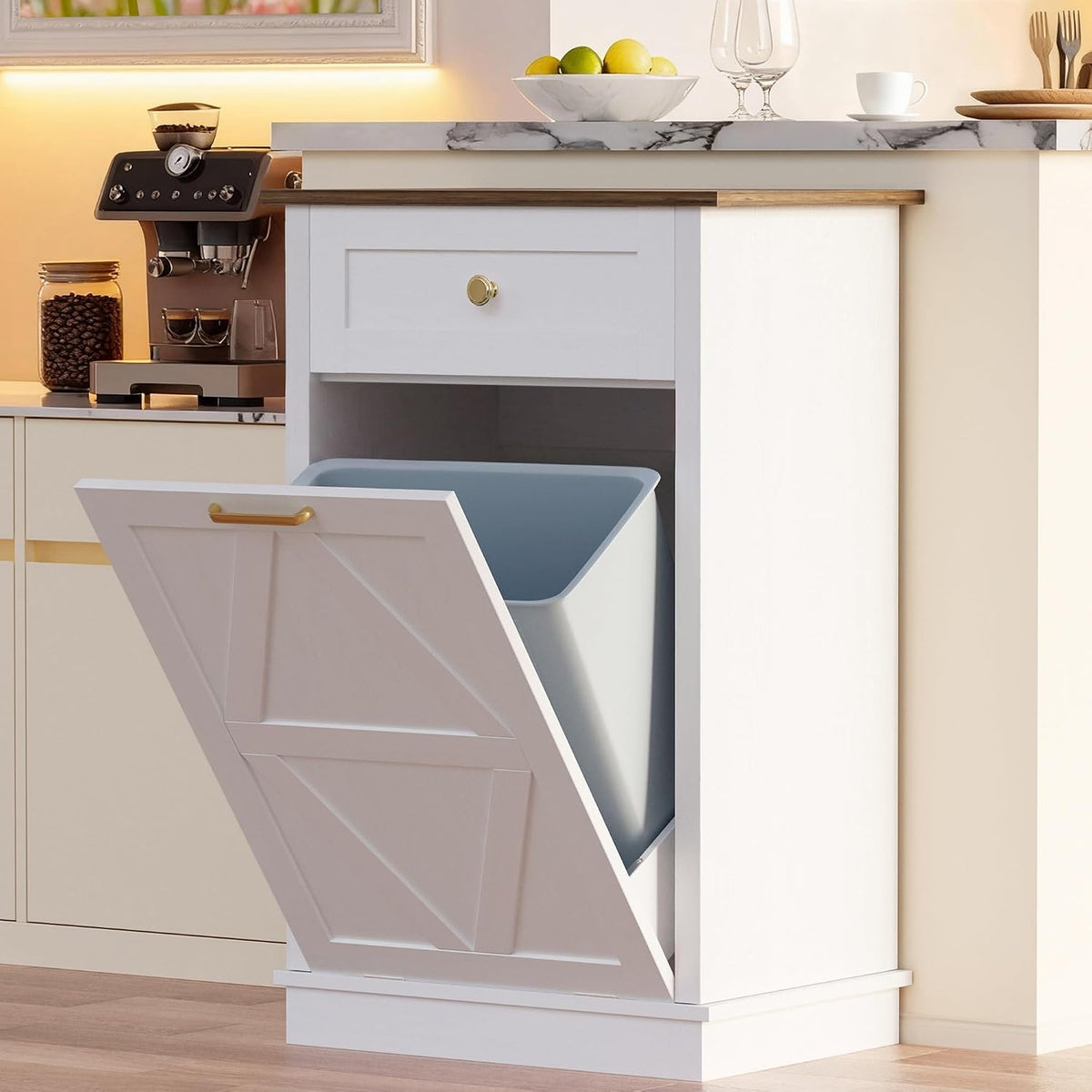 YESHOMY 10 Gallon Tilt Out Trash Cabinet with Drawer, White