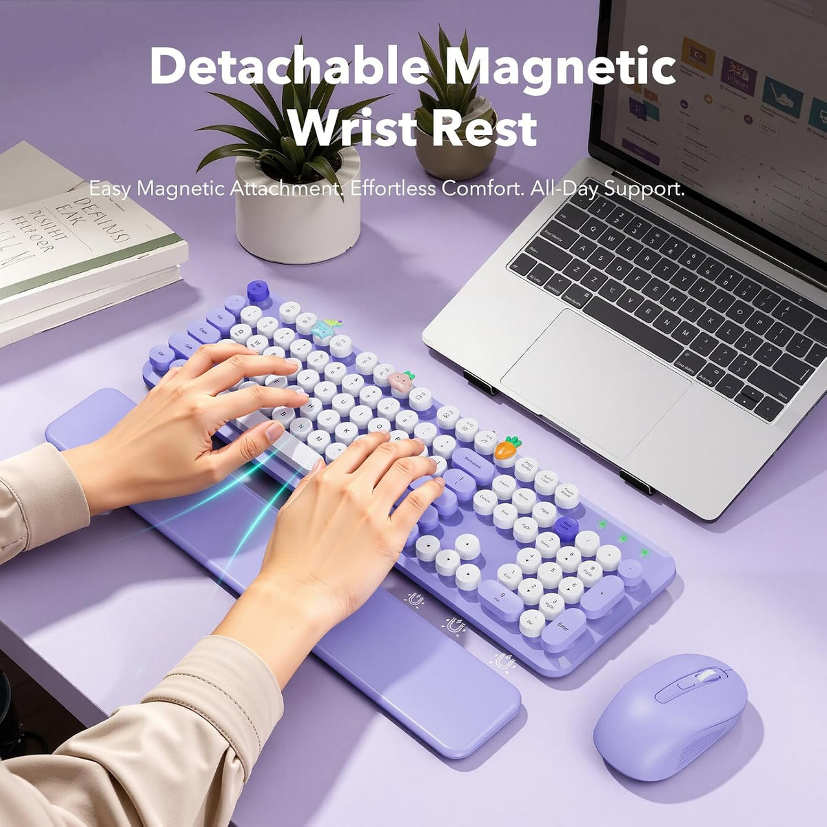 Wireless Keyboard and Mouse, Round Keycaps, Magnetic Wrist Rest, Purple