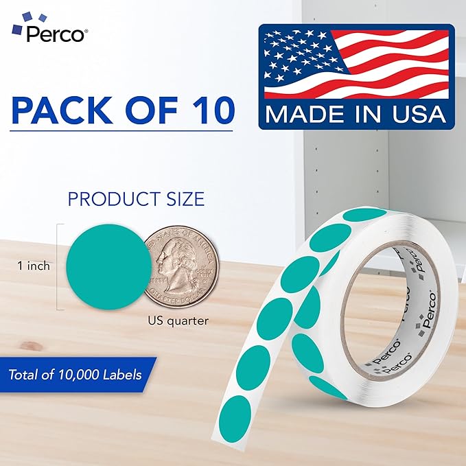 Perco Teal 1-Inch Perforated Circle Dot Sticker Labels — 10 Rolls, 000 Round - Image 2