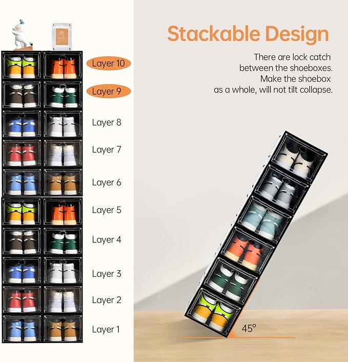 Amllas 12 Pack Shoe Boxes Stackable, Upgraded Sturdy Shoe Storage Boxes - Image 4