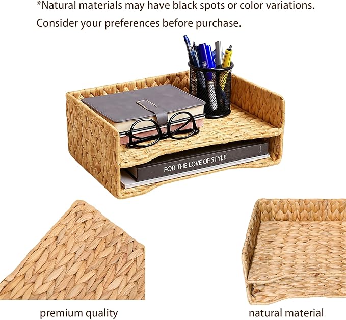 PINXIURY 2-Tier Water Hyacinth Letter Tray – Woven Paper & Mail Organizer - Image 5