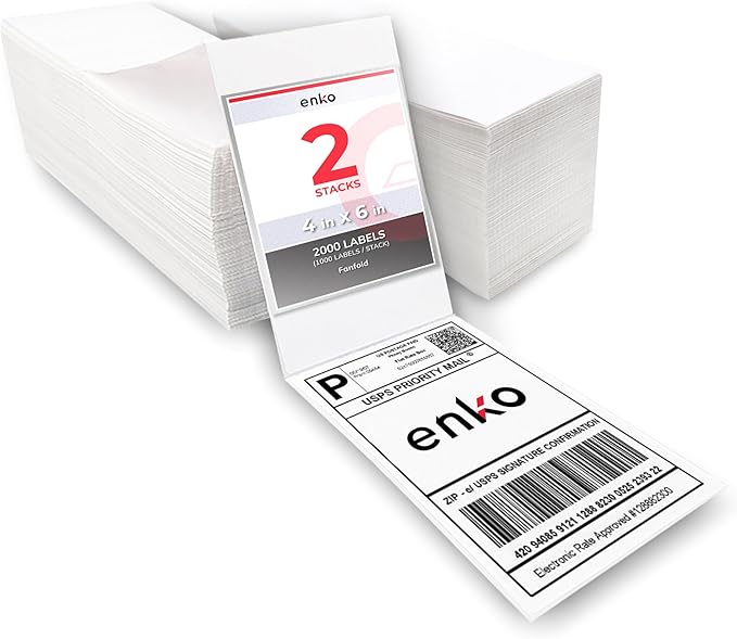 enKo 2 Stacks/2000 Labels 4"x6" Fanfold Direct Thermal Labels Compatible by enKoProducts