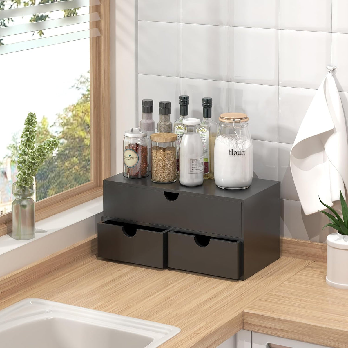 Bamboo Desk Organizer with Drawers Desktop Storage Drawers for Bills Office S...