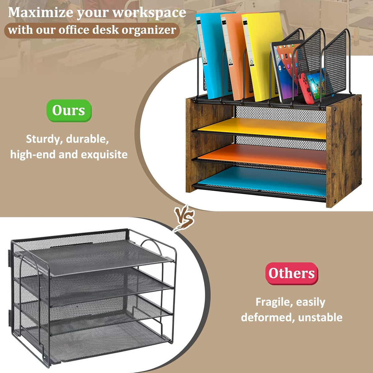 4-Tier Desk Organizer, Desk File Organizer with 5 Vertical File Holders, Offi...