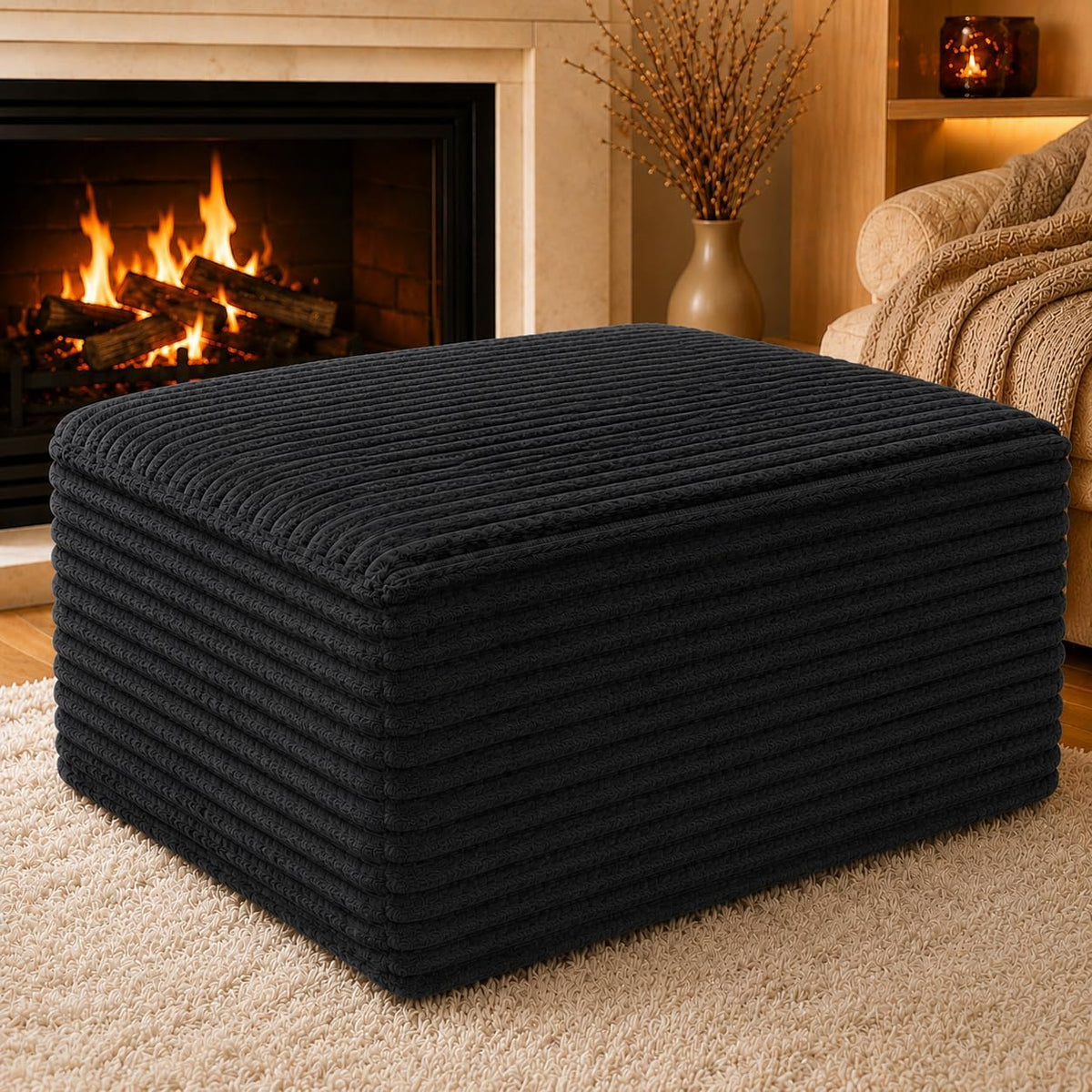 25.6" Boneless Ottoman for Couch, Plush Corduroy Foot Stools Ottomans, C...