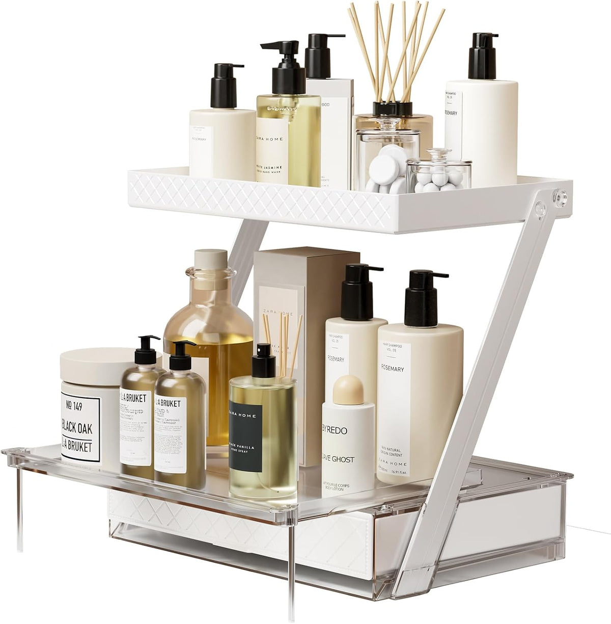 2 Tier Bathroom Countertop Organizer, Z-Shaped Vanity Organizer with Sliding ...