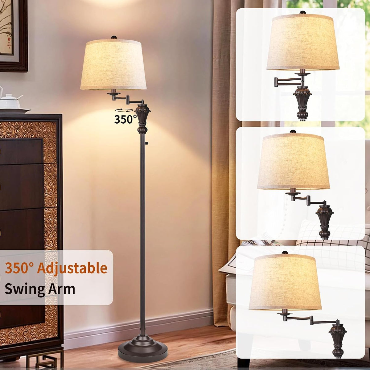 Dimmer Vintage Floor Lamp,Tall Standing Lamp with Adjustable Swing Arm,Brown ...