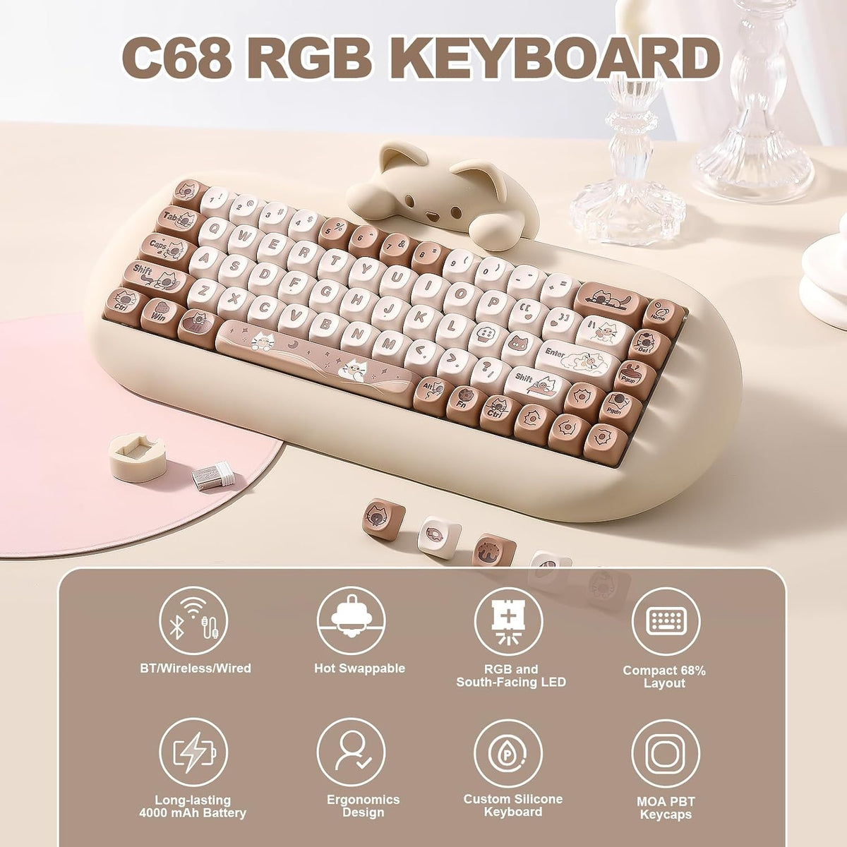 YUNZII C68 Silicone Cute Cat Mechanical Keyboard (Brown,Cocoa Cream Switch)
