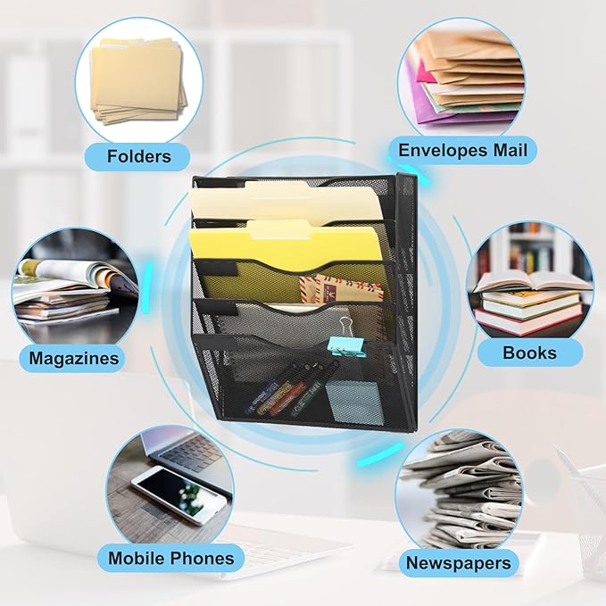 EASEPRES Magnetic 5 Pocket Mesh Hanging File Organizer, Wall Mounted Mail Paper - Image 4