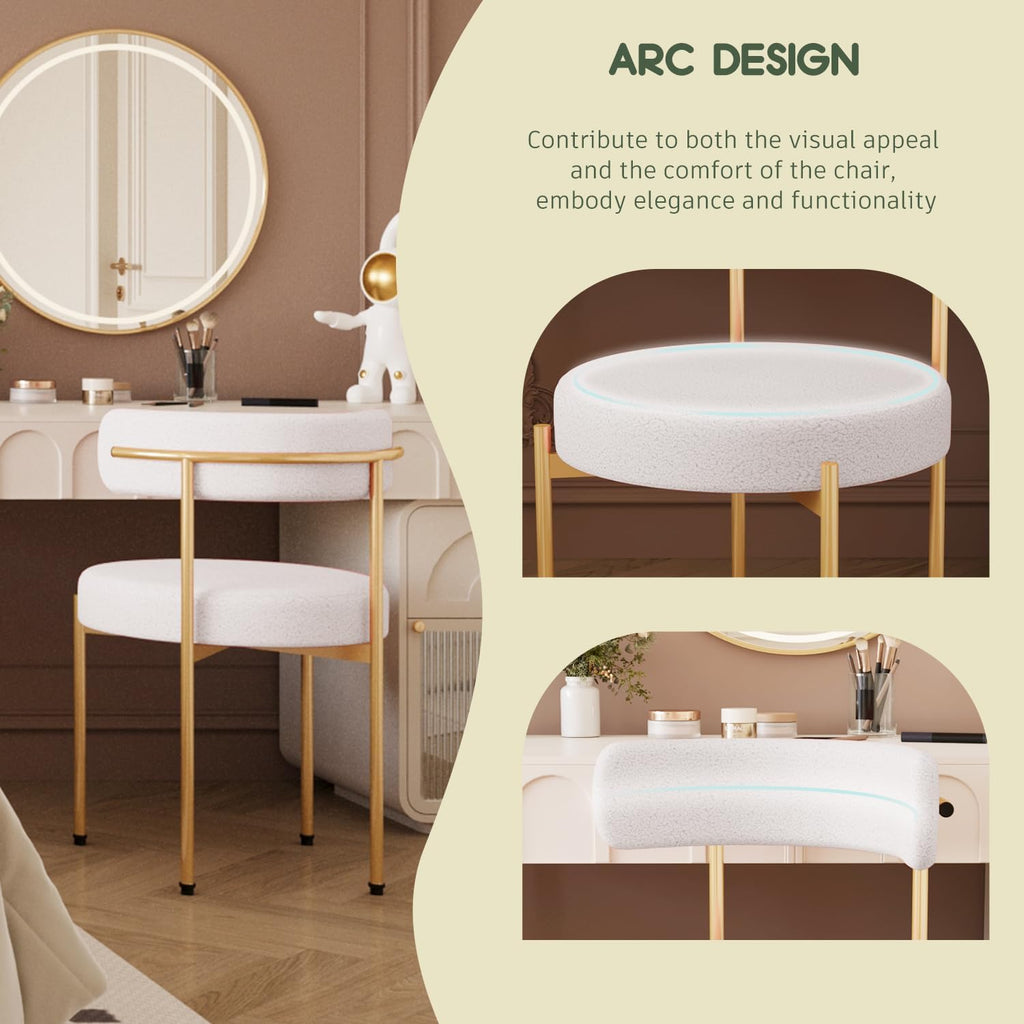 Desk Chair No Wheels Comfy Accent Chair for Living Dining Room Bedroom Home Office Mid Century Modern Upholstered Armless with Metal Legs (Gold Frame+White, 6)