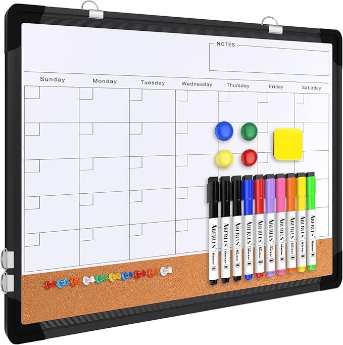 Monthly Calendar Whiteboard Dry Erase Cork Board Combination by ABERLLS